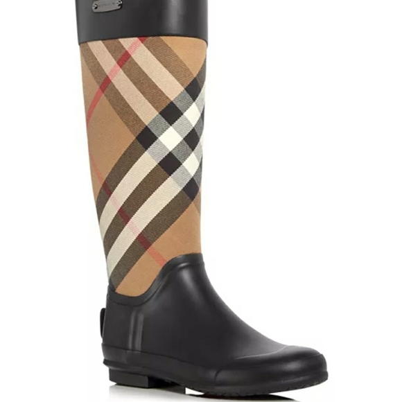 Burberry Shoes - Burberry Clemence Boots - Black and Tan Nova Print Knee High Rain Boots